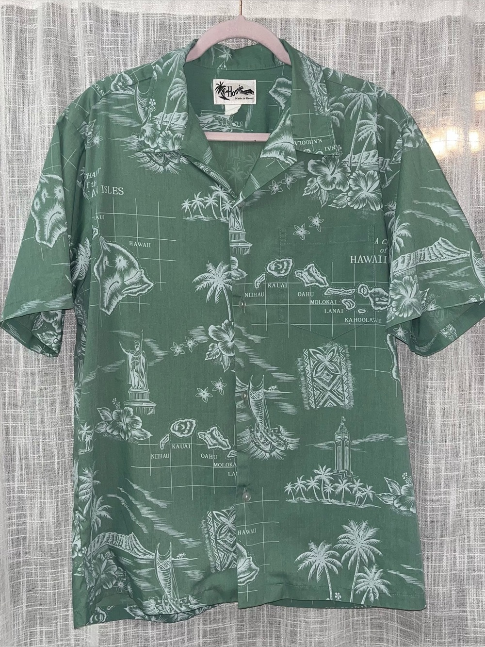 Howie Hawaiian Travel Map Button-Down XL Green Shirt 100% Cotton